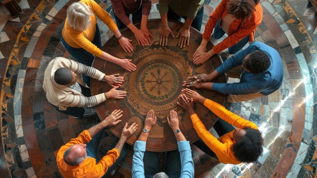 Foto een groep aanbidders die elkaar de handen vasthouden en samen bidden in een kerkcirkel