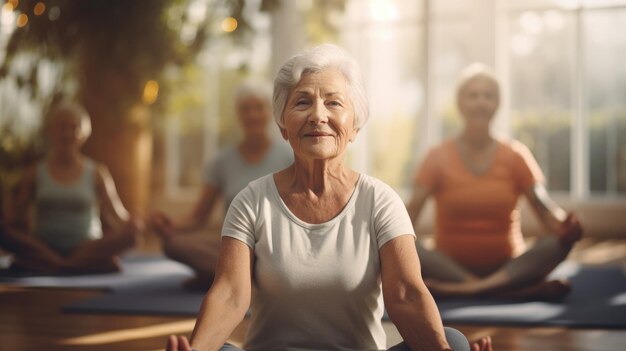 Een groep actieve ouderen beoefent samen yoga binnen om hun lichamelijke conditie te verbeteren.