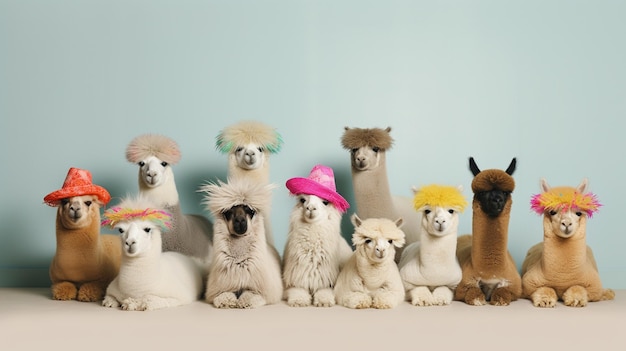 Een groep alpaca's staat op een rij.