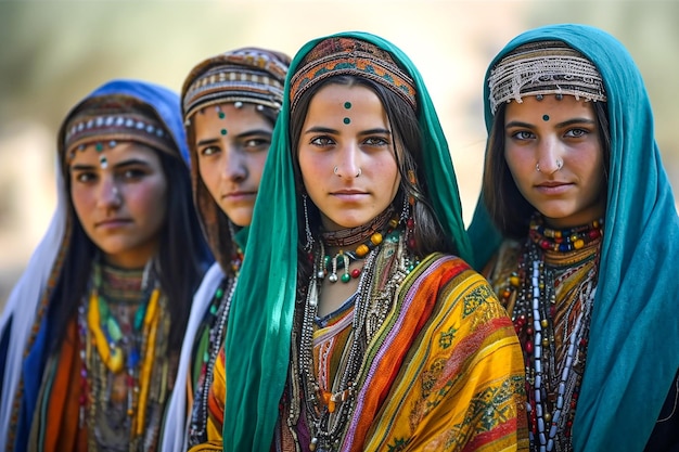 Een groep amazigh-vrouwen in traditionele klederdracht staat in een rij