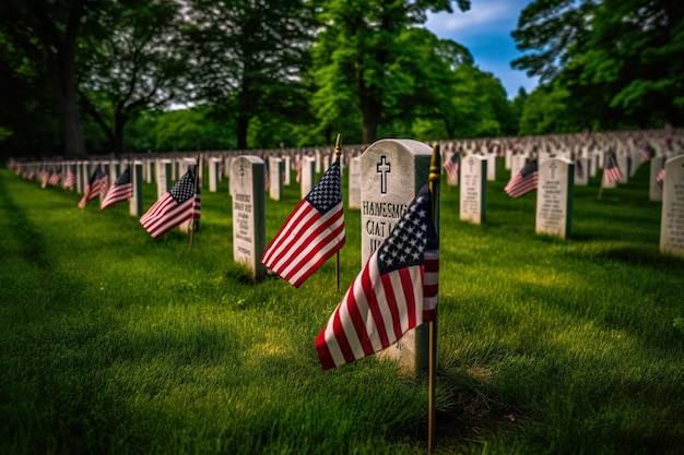 Een groep Amerikaanse vlaggen ligt op een graf.