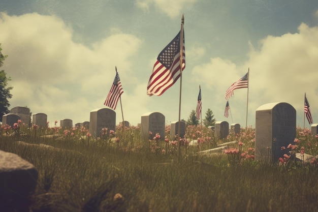 Een groep Amerikaanse vlaggen staat in een bloemenveld.