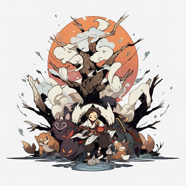 Een groep anime-personages die voor een boom staan AI generatief beeld Onsterfelijke wasbeer-ninja