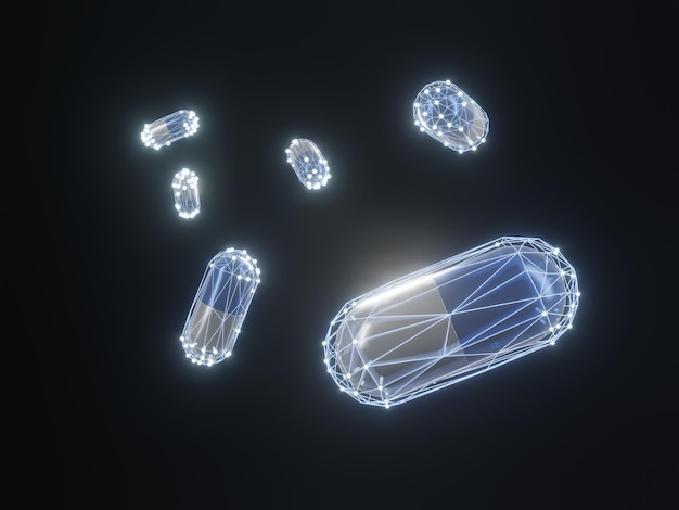 Een groep antibiotica pillen capsules vallen op een zwarte achtergrond Gezondheidszorg en medisch concept 3D-rendering beeld