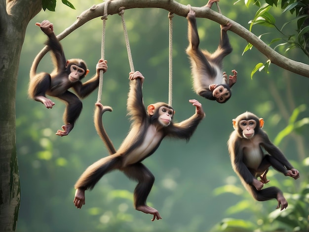 een groep apen die aan een boomtak in de jungle hangen