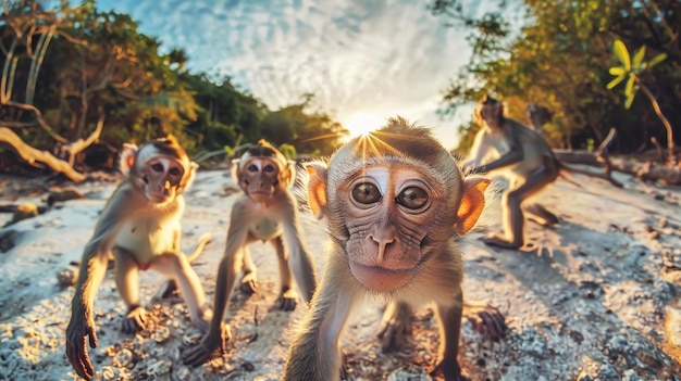 Een groep apen die op een zandstrand zitten en hun omgeving observeren.