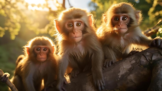 Een groep apen zit op een boomtak in de zon