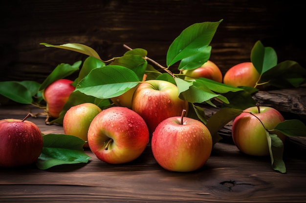 Een groep appels met bladeren op een houten oppervlak