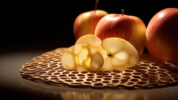 Een groep appels zit op een tafel met een paar gesneden ai