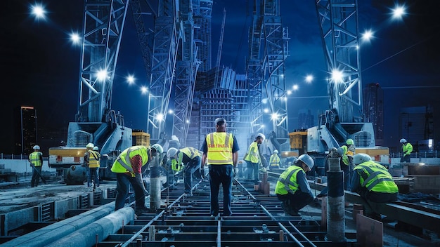 een groep arbeiders die op een spoor in een bouwgebied werken