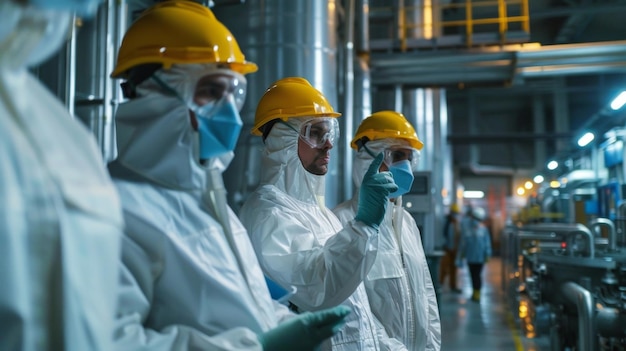 Een groep arbeiders in beschermende uitrusting houdt toezicht op de werkzaamheden van de fabriek en zorgt voor de veiligheid