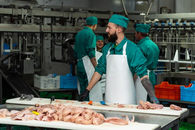 Een groep arbeiders in een vleesfabriek