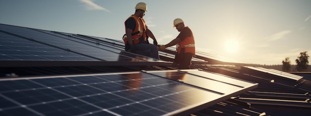 Een groep arbeiders installeert zonnepanelen op het dak van een gebouw