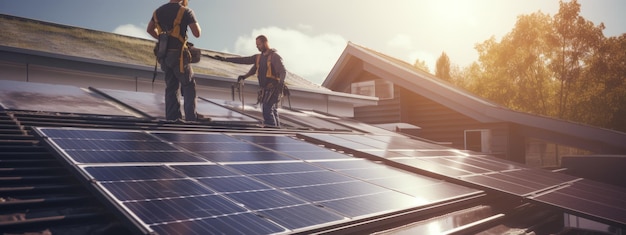 Een groep arbeiders installeert zonnepanelen op het dak van een gebouw