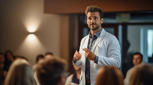 Een groep artsen geeft een gerichte lezing aan een aandachtige man