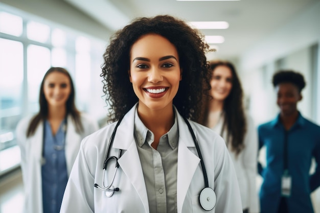 Een groep artsen in witte jassen en stethoscopen staan samen in een ziekenhuisgang glimlachende vrouwelijke arts staat met medische collega's in een ziekenhuis AI gegenereerd
