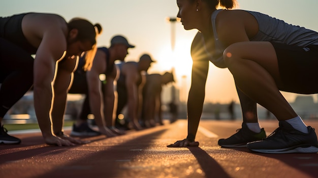 Foto een groep atleten die zich strekken voor een ochtendtraining