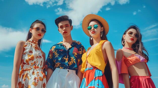 Een groep Aziatische modemodellen poseert tegen blauwe wolken achtergrond in zomerkleding AI Genera