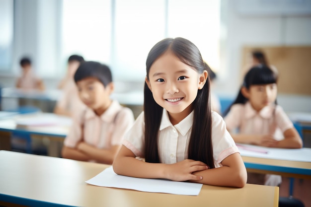 Een groep Aziatische studenten luistert aandachtig in de klas.