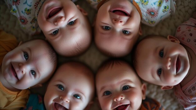 Foto een groep baby's kijkt allemaal naar de camera.