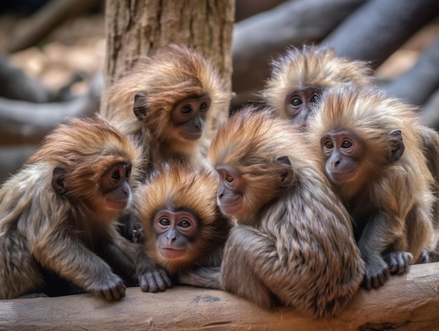 Een groep babyapen zit op een rij bij elkaar.