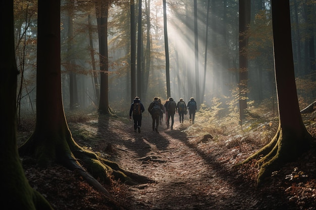 Een groep backpackers die alleen bosweg lopen op zonlichtatmosfeer Generatieve ai