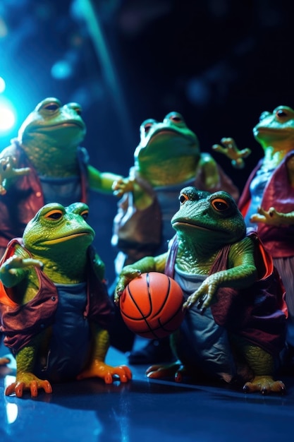 Een groep beeldjes van kikkers die basketbal spelen Generatief AI-beeld