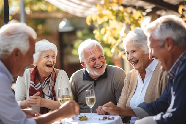 Een groep bejaarde vrienden die samen lachen tijdens een sociale bijeenkomst om het belang ervan te benadrukken