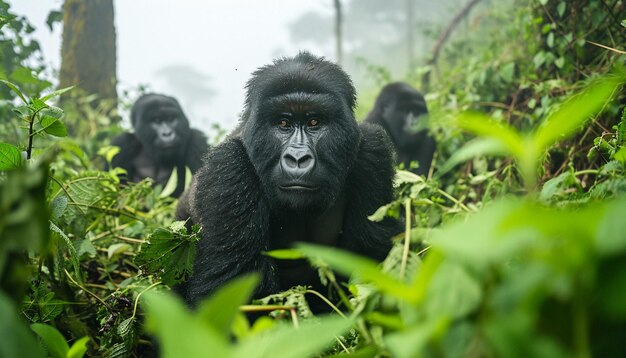 Foto een groep berggorilla's in de mistige bossen van de virunga-bergen