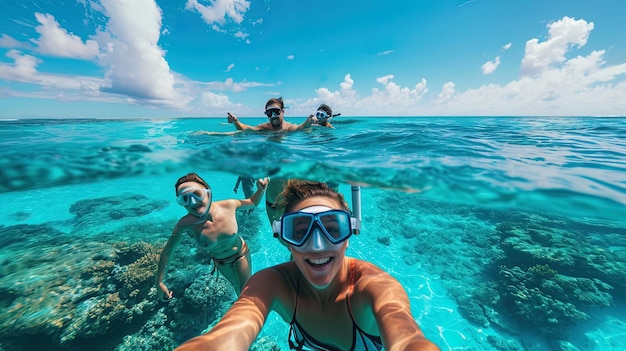 Een groep blanke jongeren duikt in de zee en snorkelt in Australië.