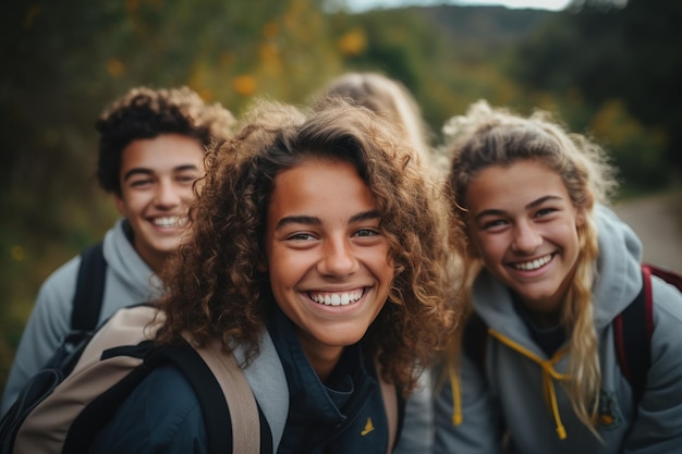 Een groep blanke tieners met rugzakken in een klaslokaal in de gelukkige stijl achtergronden van sch