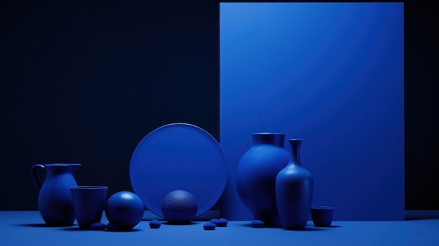 Een groep blauwe vazen en andere voorwerpen op een tafel ai