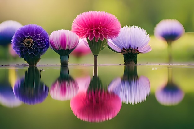 een groep bloemen met de weerspiegeling van het water op de achtergrond