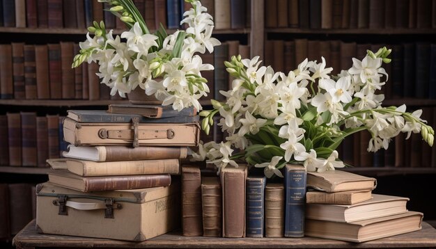 Foto een groep boeken met witte bloemen.