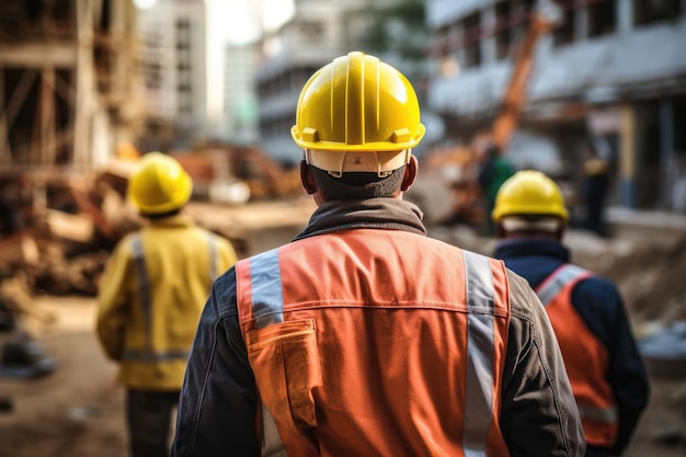 Een groep bouwvakkers loopt door een bouwplaats Drie bouwvakkers werken aan bouwtekeningen en papierwerk AI gegenereerd