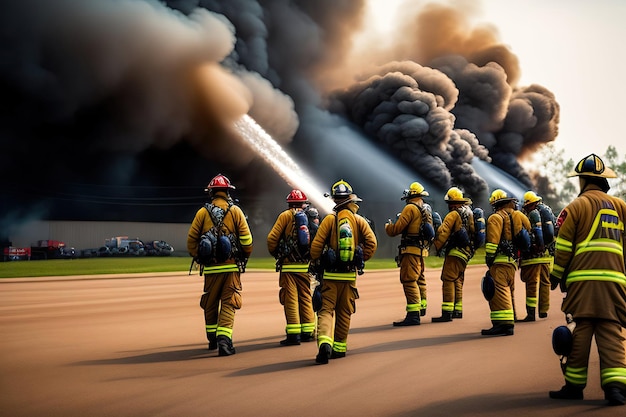 Een groep brandweerlieden die een brand bestrijden.