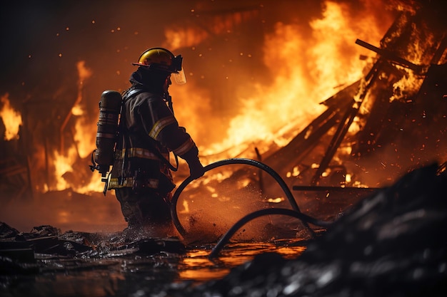 Een groep brandweerlieden staat voor een brand