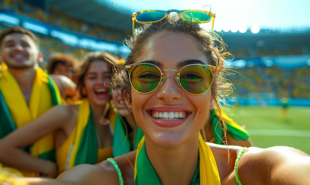 Een groep Braziliaanse fans vieren op het voetbalstadion in groen en geel met sjaals om hun nek