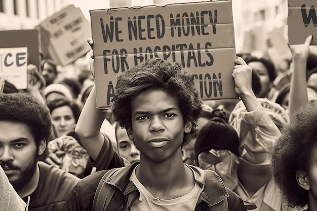 Een groep braziliaanse mensen die borden omhoog houden in een generatief ai-beeld van protest