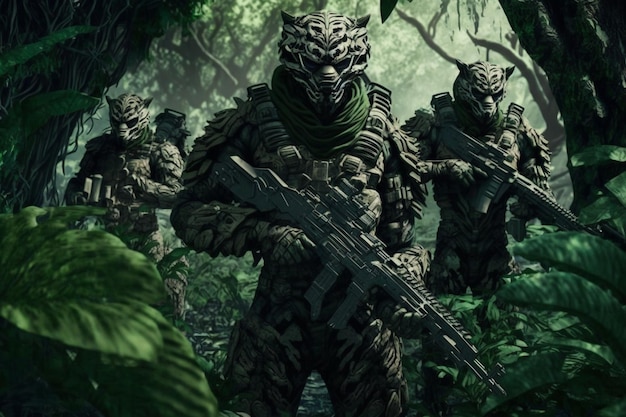 Een groep buitenaardse soldaten in een jungle met een groen masker op hun gezicht.