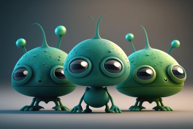 Een groep buitenaardse wezens met groene ogen en een zwarte neus.