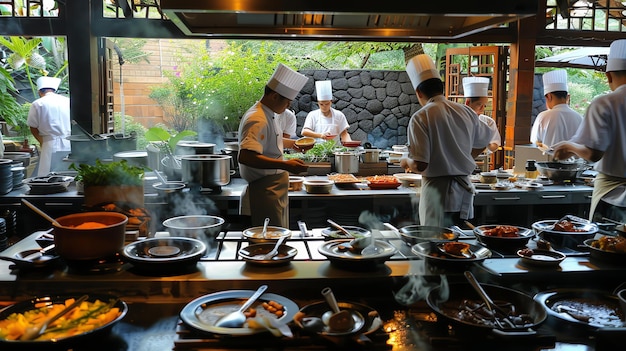 Een groep chefs bereidt eten voor in een drukke keuken van een restaurant. Ze dragen allemaal witte chefjassen en hoeden.