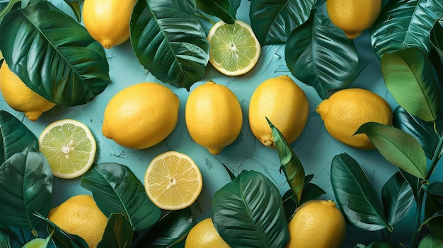 Een groep citroenen op een blauwe achtergrond met bladeren met een lege ruimte voor tekst of product Generatieve AI