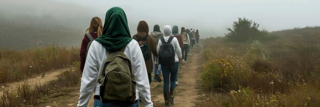 Foto een groep dames die over de onverharde weg lopen in spijkerbroek en witte hoodies, sommigen met tassen en groene hoofddoeken.