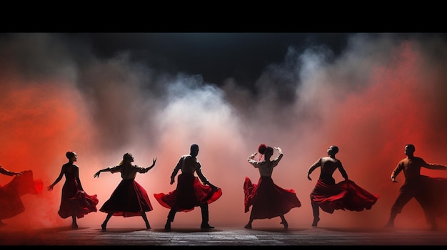 een groep dansers danst in een rode rook.