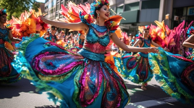 Een groep dansers in kleurrijke kostuums treedt op in een optocht.