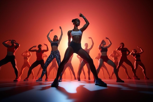 een groep dansers staat op het podium en een van hen draagt een wit topje.