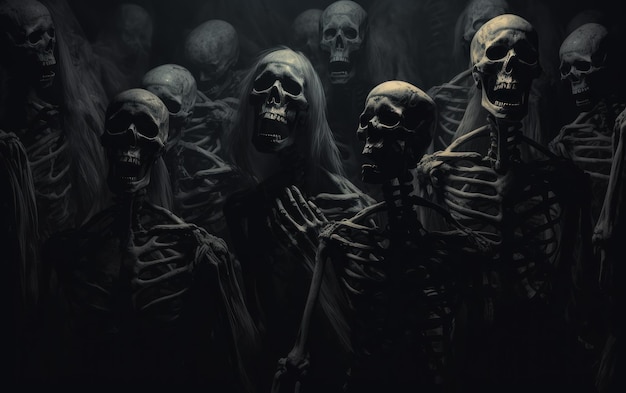 Een groep demonen in zwart-witte stijl.