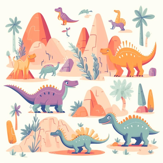 Een groep dinosaurussen in een woestijngebied met bomen en rotsen AI Generative