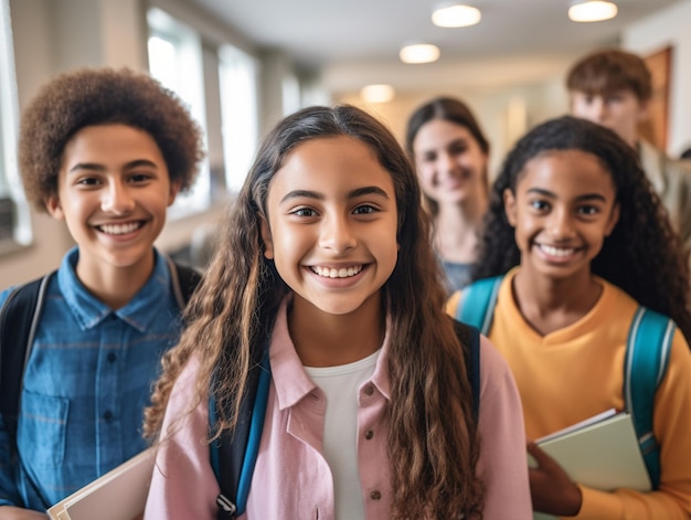 Een groep diverse en gelukkige schoolkinderen met lachende gezichten die samen in een klaslokaal staan te poseren